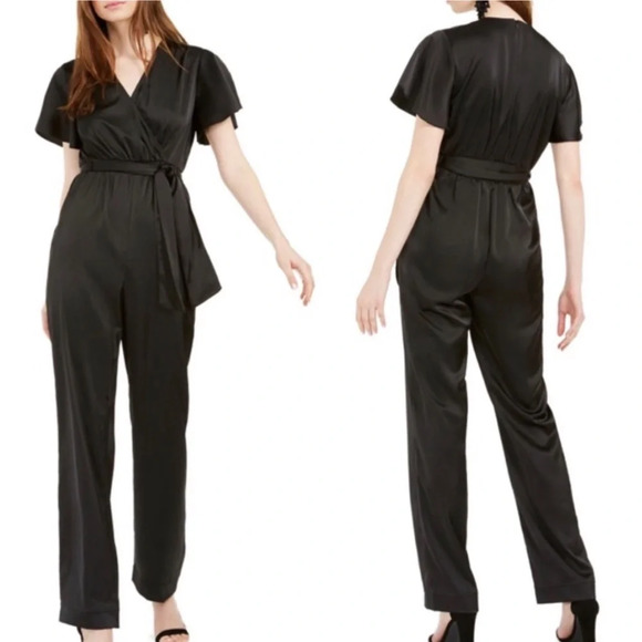 Kendall & Kylie Pants - Kendall & Kylie Black Satin Belted Surplice Neckline Short Sleeve Jumpsuit XS